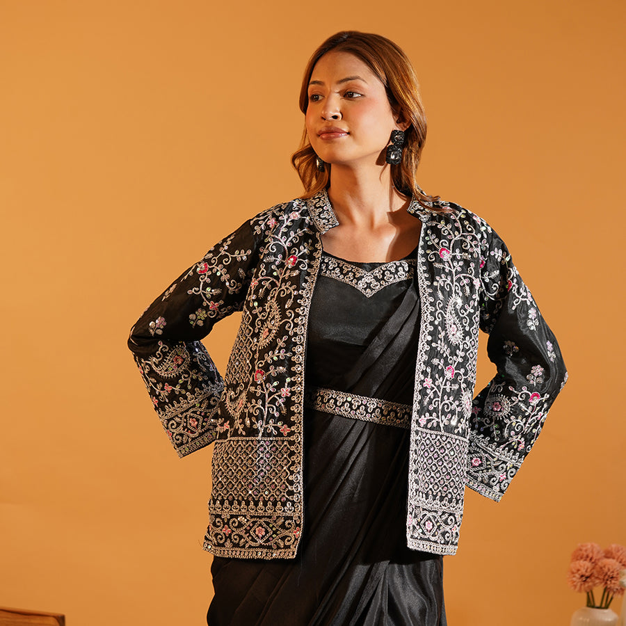 Urban Diva Ready-To-Wear Saree with Fully Stitched Sequence Jacket & Belt