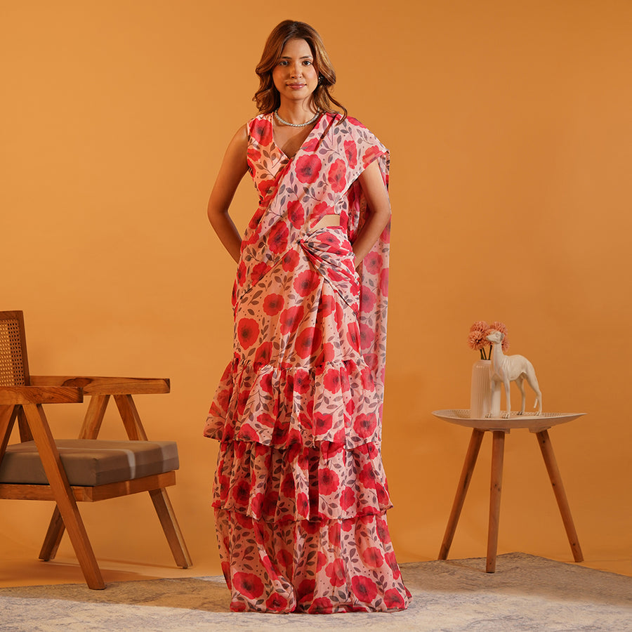 Poppy Paradise Pre-Draped Lehenga Saree in Soft Georgette