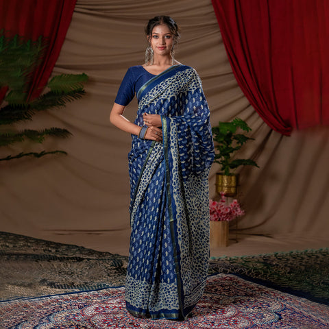 Indigo Vriksha - kairi buti hand-blocked cotton saree