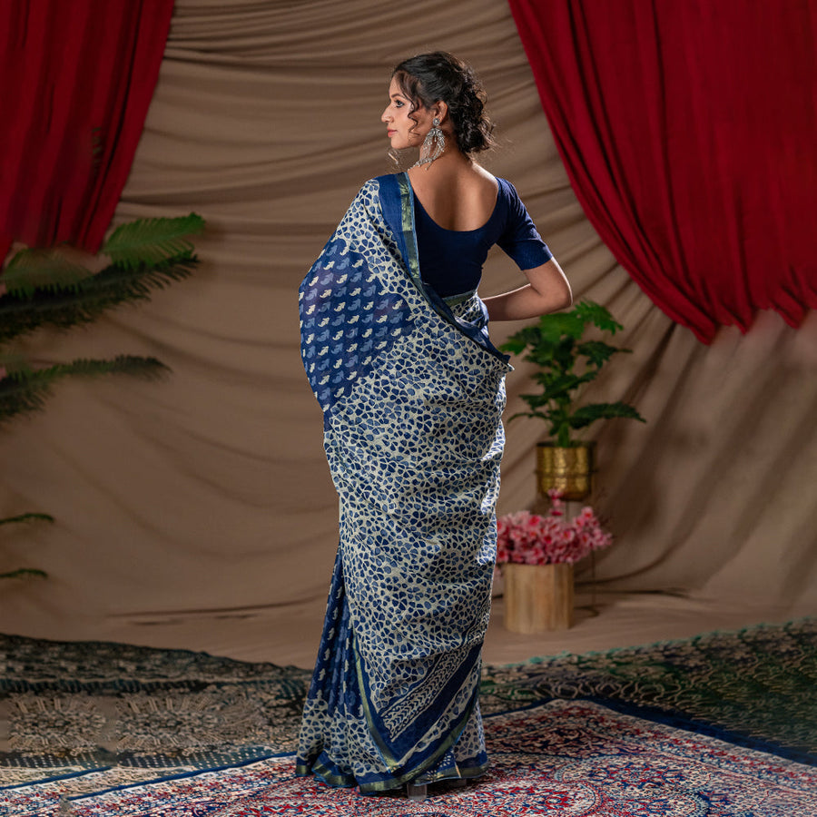 Indigo Vriksha - kairi buti hand-blocked cotton saree