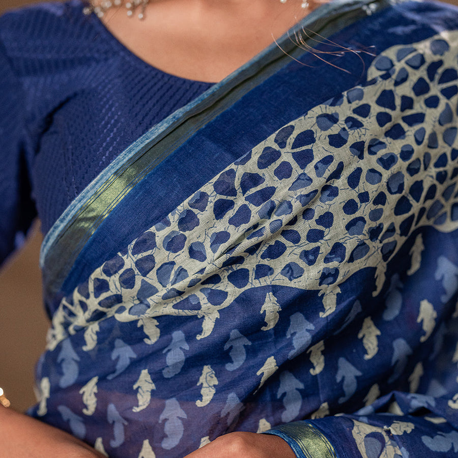 Indigo Vriksha - kairi buti hand-blocked cotton saree