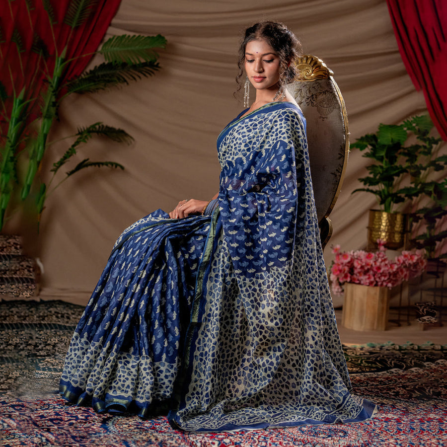 Indigo Vriksha - kairi buti hand-blocked cotton saree
