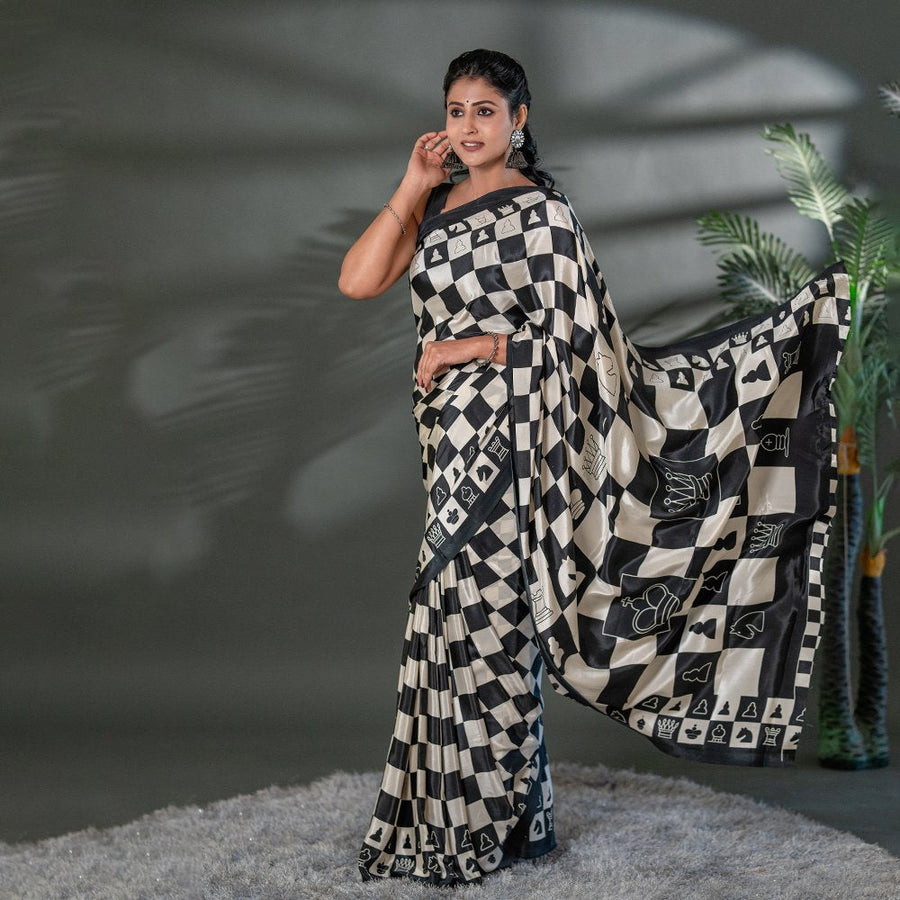 The Checkmate Charisma - Signature Japan Satin Saree