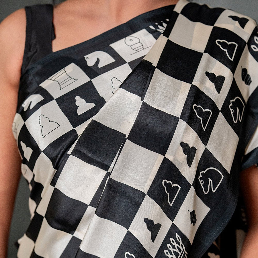 The Checkmate Charisma - Signature Japan Satin Saree