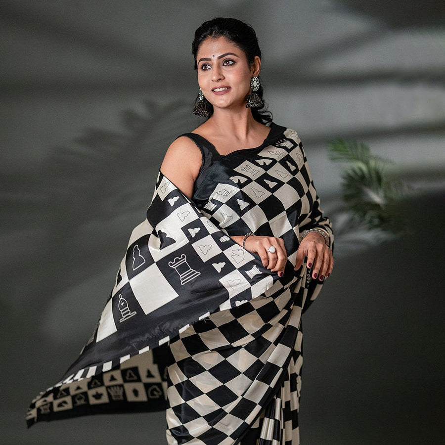 The Checkmate Charisma - Signature Japan Satin Saree
