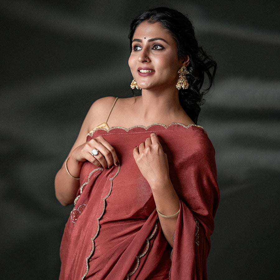 The Glace Flora - Scalloped Satin Crush Saree