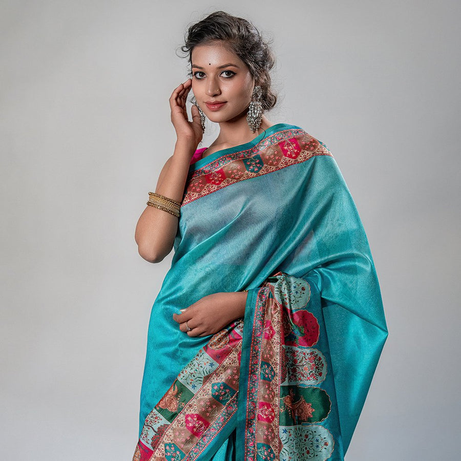 Cyan Chic - Digital Print Zarna Silk Drape