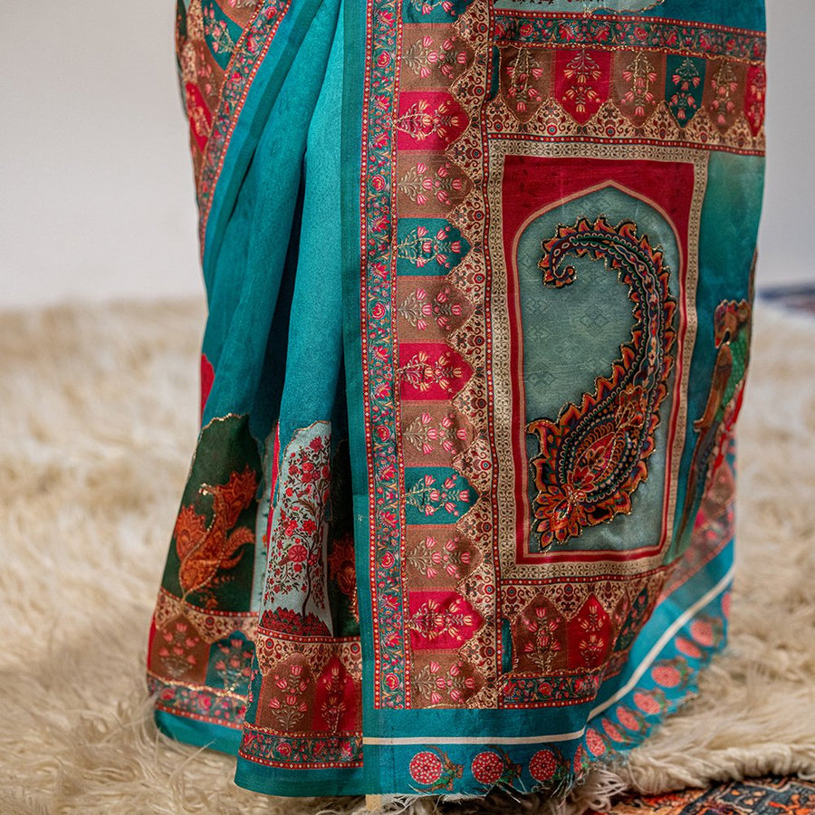 Cyan Chic - Digital Print Zarna Silk Drape