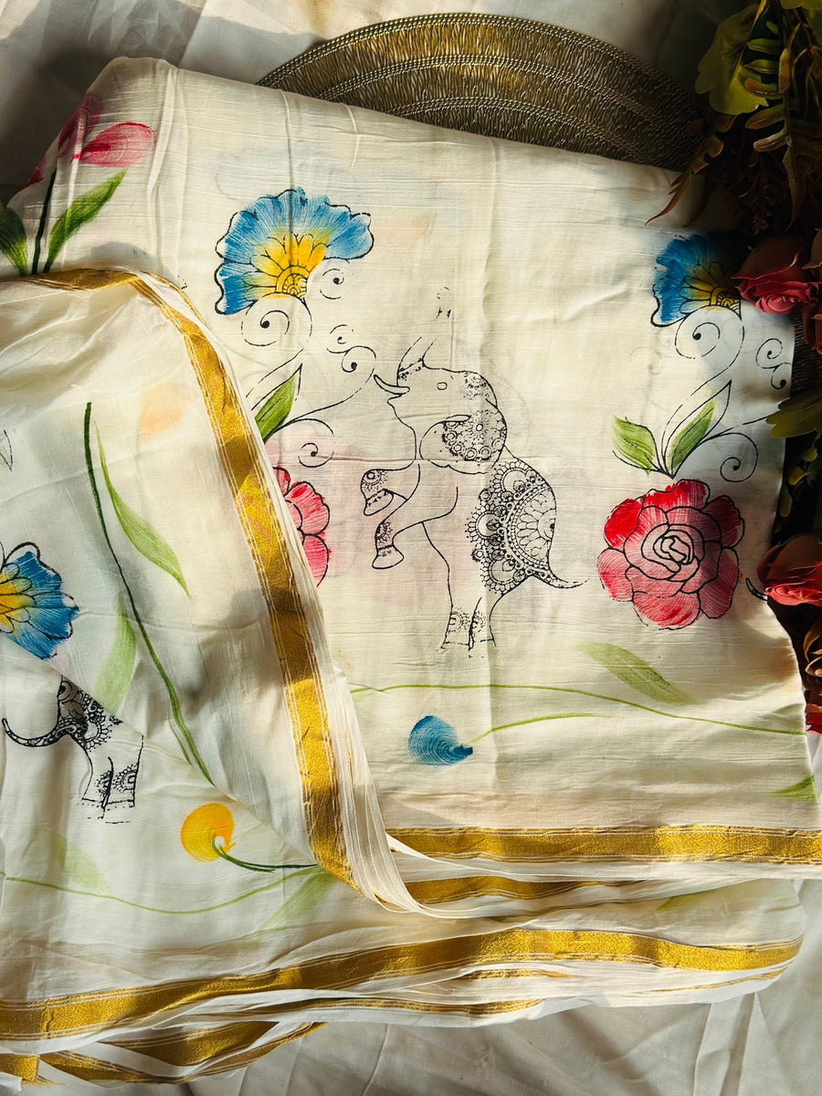 The Royal Gaj-Kusum - Hand-Painted Liva Saree