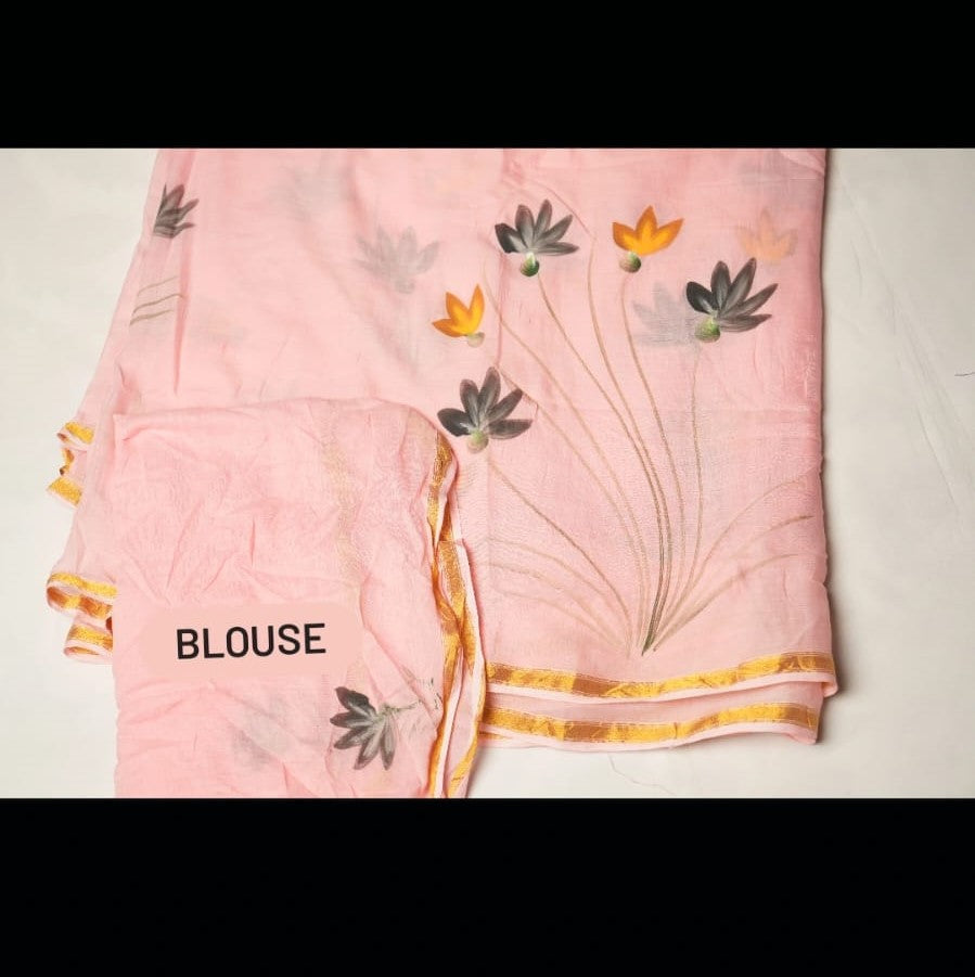 Aura of Art - Blush Pink Hand-Painted Cotton Saree