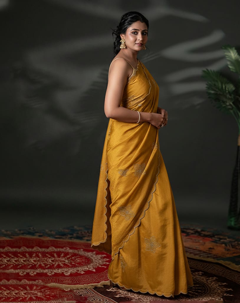 The Glace Flora - Scalloped Satin Crush Saree