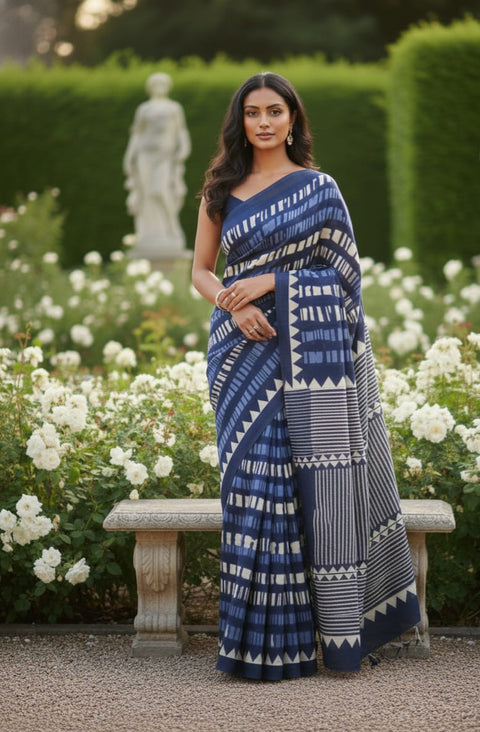 The Indigo Rhythm - Contemporary Dabu Printed Cotton Saree