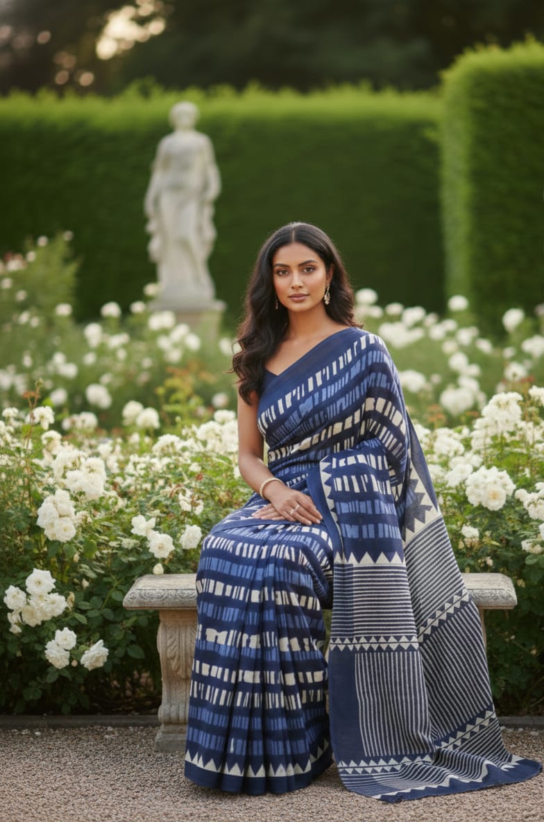 The Indigo Rhythm - Contemporary Dabu Printed Cotton Saree