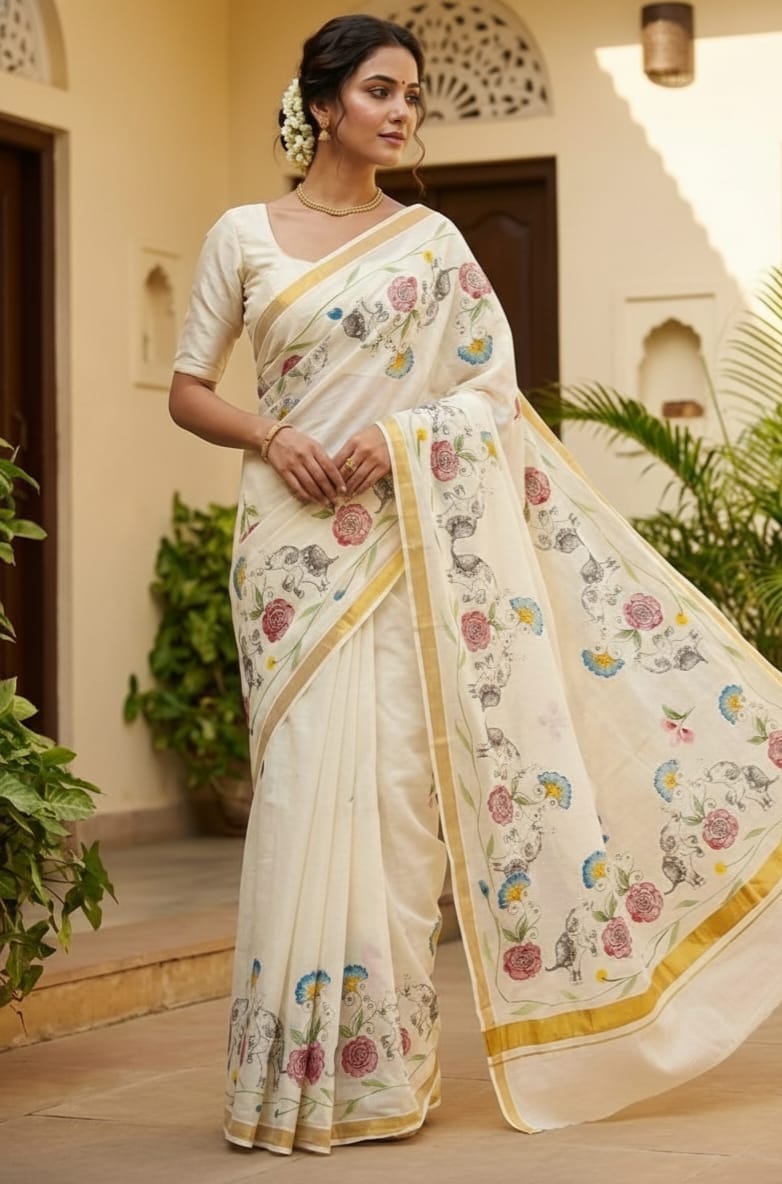 The Royal Gaj-Kusum - Hand-Painted Liva Saree