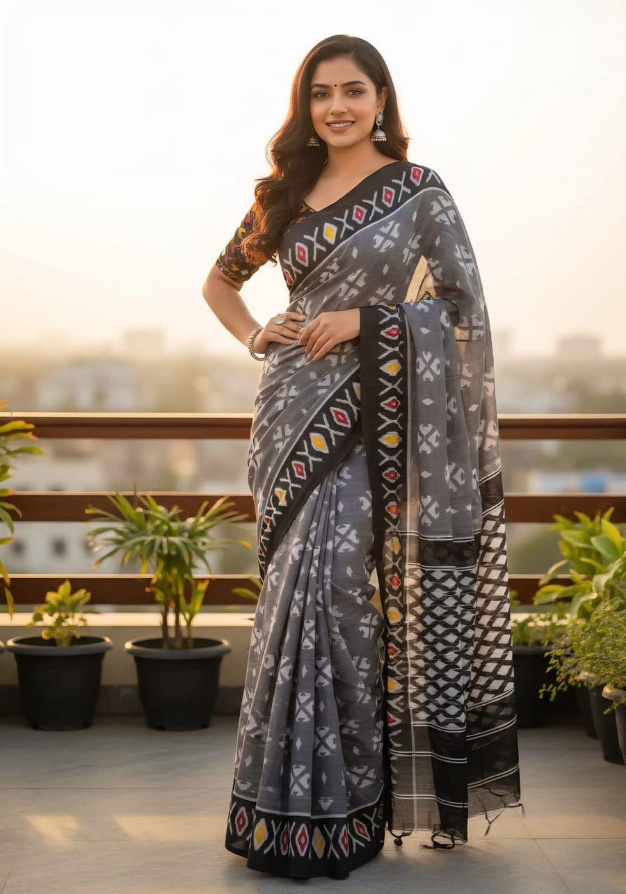 The Slate Symphony - Sambalpuri Ikat printed cotton saree