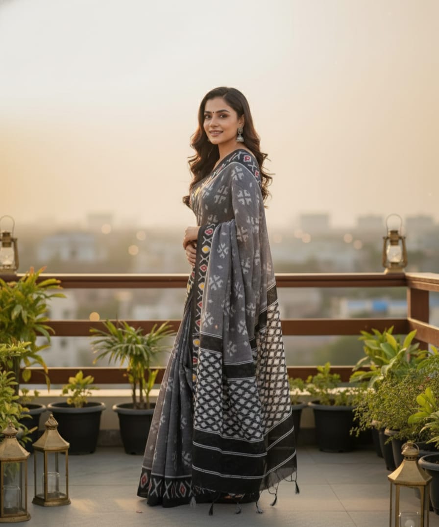 The Slate Symphony - Sambalpuri Ikat printed cotton saree